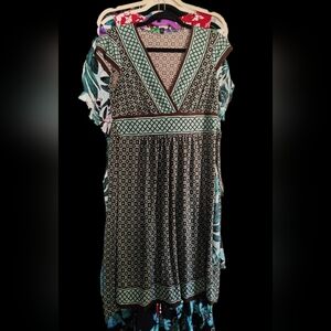 Brown and Mint Geometric Print V-Neck Dress